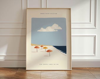 Minimal Coastal Beach Umbrellas Wall Art Print, Modern Summer Poster, Calm Seaside Illustration