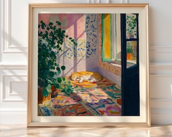 Stampa artistica da parete quadrata di ispirazione giapponese, gatto addormentato in un interno soleggiato