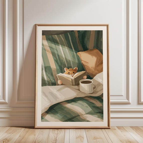 Cozy Mouse Wall Art Print, Whimsical Reading Illustration with Coffee