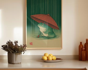 Ukiyo-e Frog Wall Art Print – Japanese Rain Scene Poster, Frog with Red Umbrella