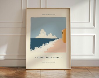 Coastal Wall Art Print, Modern Beach Illustration Poster, Minimal Ocean Wave Artwork