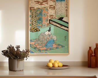 Japanese Court Noble Ukiyo-e Print, Vintage Heian Palace Interior Art, Traditional Kimono Wall Decor