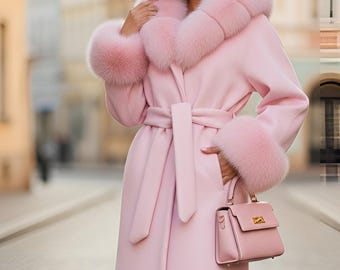 Women Pink Faux Fur Hooded Coat, Luxury Winter Wrap Jacket, Soft Plush Belted Coat, Warm Elegant Outerwear, Bridal Winter Coat, Gift For Her