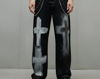 Unisex Cyberpunk Goth Pants, Wide-Leg Cross Print Trousers