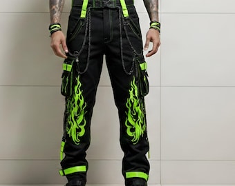Cyberpunk Cargo Pants, Men’s Techwear Trousers, Green Flame Gothic Streetwear, Alternative Punk Buckle Pants, Harajuku Aesthetic Joggers
