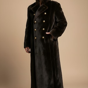 Chocolate mink faux fur coat for men, long full length winter overcoat, luxury handmade vintage style fur coat
