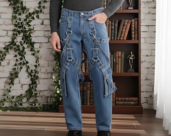 Pantalones vaqueros con tiras hechos a mano, vaqueros punk Harajuku, pantalones góticos con hebilla, vaqueros cargo de estilo urbano, pantalones de estilo técnico, vaqueros grunge unisex