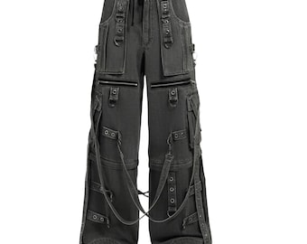 Pantalones góticos, pantalones cargo vaqueros, pantalones Tripp, pantalones de estilo techwear, pantalones punk rave, ropa urbana de pierna ancha, pantalones negros de moda alternativa