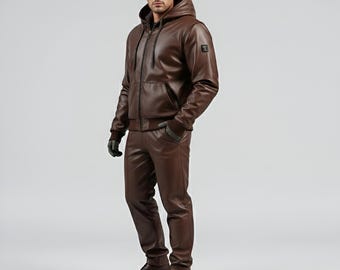 Handmade Brown Lambskin Leather Tracksuit for Men