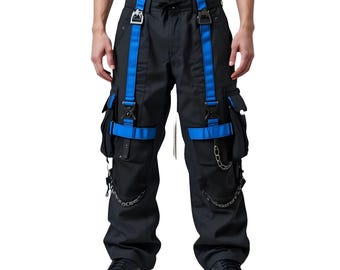 Cyberpunk Cargo Pants with Blue Straps, Techwear Utility Streetwear