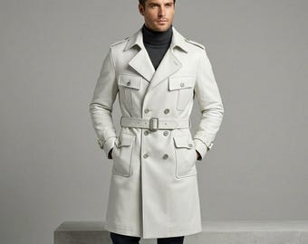 Manteau en cuir ceinturé pour homme | Trench-coat blanc croisé | Veste d'hiver mi-longue | Tenue de cérémonie pour témoins et hommes d'affaires