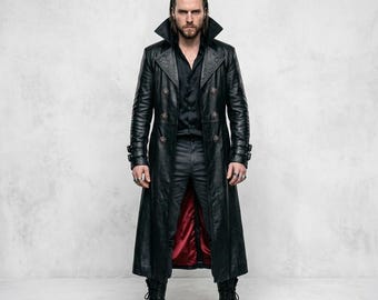 Men's Black Leather Vampire Jacket Coat, Gothic Long Coat, Matrix Style Coat, Steampunk Winter Overcoat, Halloween Gift For Him