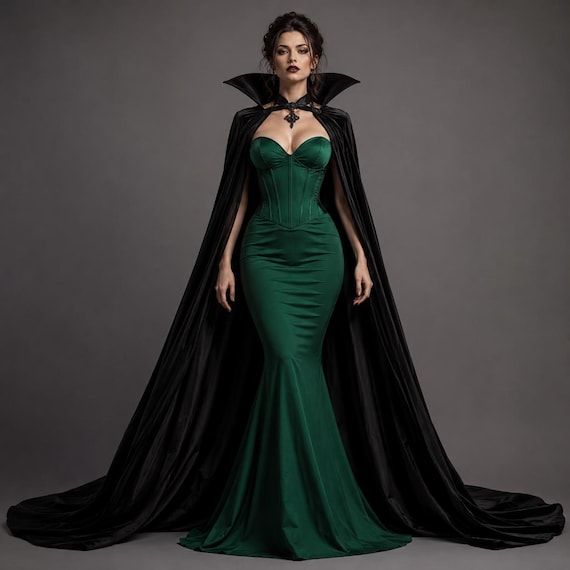 dark green dress halloween costume Emerald Gothic Mermaid Dress, Vampire Queen Evening Gown, Corset Maxi Dress, Gothic Prom Dress, Women green halloween costumes