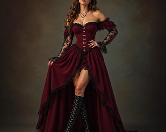 May include: A deep burgundy off-the-shoulder dress featuring a corset-style bodice with front metal clasps, long black lace sleeves, and a high-low skirt hem trimmed with black lace. The garment is paired with black lace-up knee-high boots.