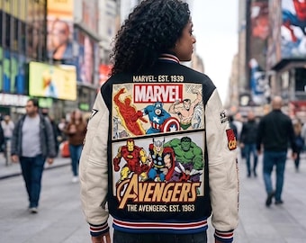 Unisex Marvel Varsity Jacket, Avengers Superhero Bomber Jacket, Marvel Comics Streetwear Jacket, Gift for Marvel Fans Retro Letterman
