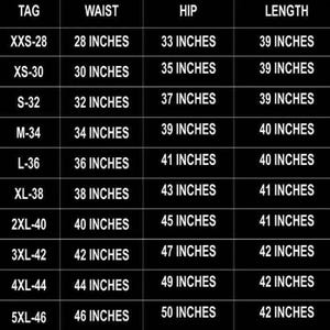 May include: A size chart with black text on a black background, detailing waist, hip, and length measurements in inches. Sizes range from XXS-28 to 5XL-46, providing a comprehensive size guide for apparel.