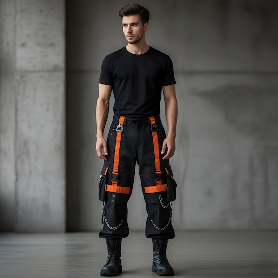 Cyberpunk Cargo Pants with Orange Straps, Handmade Utility Streetwear Cotton Trousers, Gothic Punk Bottoms , Men’s Alternative Fashion