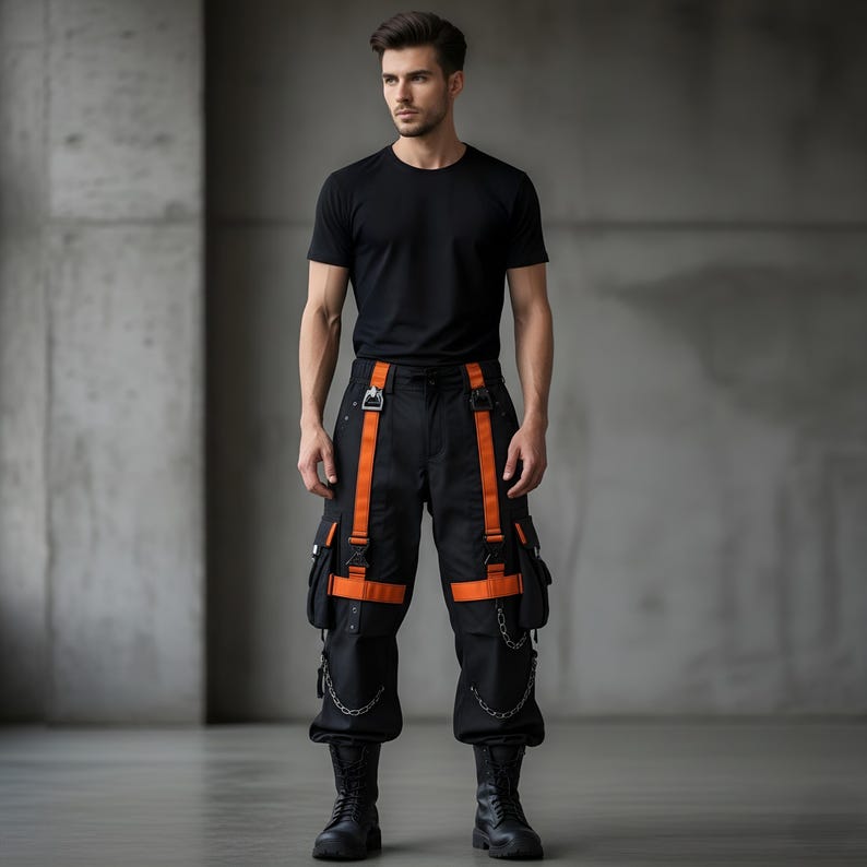 May include: Black cargo trousers with orange straps and accents, featuring multiple pockets and silver chain details. The trousers are paired with a black t-shirt and black boots. The style is modern and edgy.