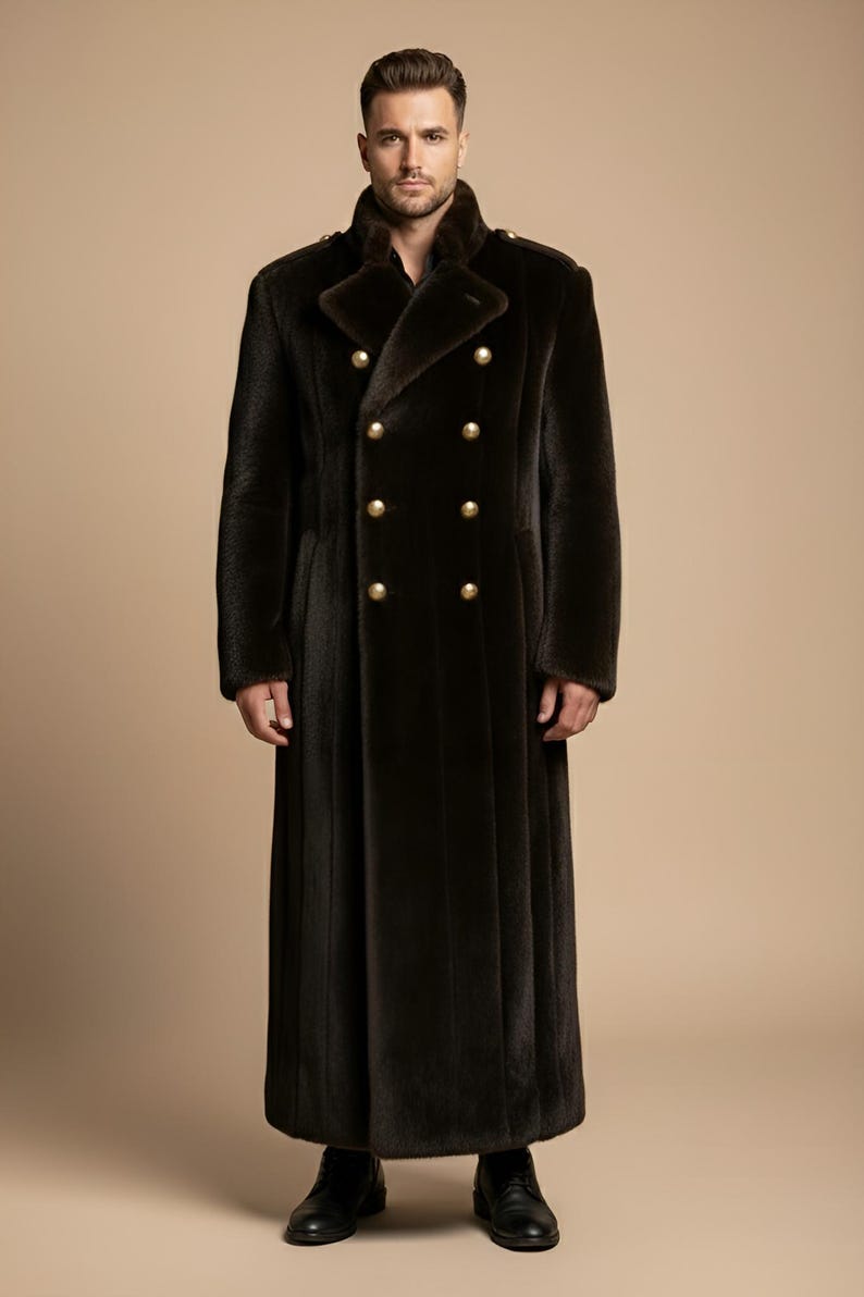 Chocolate mink faux fur coat for men, long full length winter overcoat, luxury handmade vintage style fur coat
