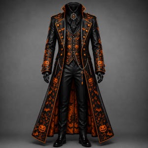 May include: A long black coat, vest, and trousers set featuring an orange pumpkin and bat pattern. The coat has a high collar, gold buttons, and a silver chain accessory. The vest is worn over a black shirt with a decorative brooch at the neck.