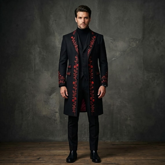 Crimson Briar Black Cotton Long Coat, Red Floral Embroidered Victorian Gothic Wedding Jacket for Men