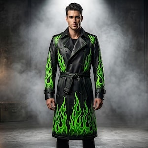 Black Green Flame Leather Trench Coat, Matrix Gothic Steampunk Cosplay Outfit, Fire Biker Duster Techwear Jacket, Fire Flame Print Overcoat