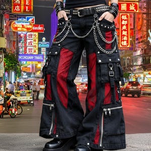 Weaves Gothic Punk Cargo Pants, Tripp Style Cyberpunk Trousers, Black Red Mesh Wide Leg Pants, Stud Chain Rave Alt Streetwear