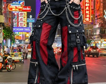 Pantalones cargo góticos punk Weaves, pantalones cyberpunk estilo Tripp, pantalones anchos de malla negra y roja, ropa urbana alternativa con cadena de tachuelas.