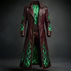 May include: A long, burgundy leather coat with green flame designs on the sleeves and lower front. The coat has a green satin lining, a belt, and brass-colored buttons. The coat is a stylish piece of outerwear.
