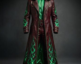 Cyberpunk Gothic Leather Trench Coat | Green Flame Punk Jacket | Anime Cosplay Long Coat | Techwear Biker Outfit, Steampunk Leather Overcoat