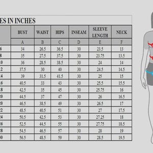 Peut inclure: Un tableau de tailles intitul&eacute; WOMEN SIZES IN INCHES pr&eacute;sentant des colonnes pour les mesures de buste, taille, hanches, entrejambe, longueur de manche et cou en pouces, avec un sch&eacute;ma d'une silhouette humaine et des indicateurs lettr&eacute;s.