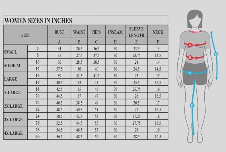Peut inclure: Un tableau de tailles intitul&eacute; WOMEN SIZES IN INCHES pr&eacute;sentant des colonnes pour les mesures de buste, taille, hanches, entrejambe, longueur de manche et cou en pouces, avec un sch&eacute;ma d'une silhouette humaine et des indicateurs lettr&eacute;s.
