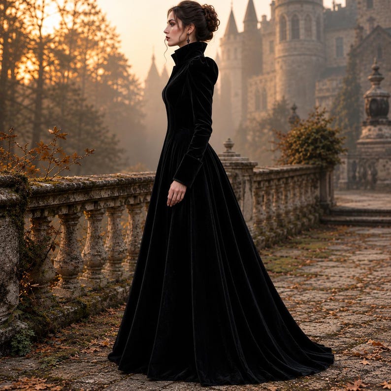 Peut inclure: Une robe longue en velours noir avec un col montant, des manches longues aux &eacute;paules structur&eacute;es et un corsage ajust&eacute; qui se prolonge par une jupe ample et fluide. Le v&ecirc;tement est confectionn&eacute; dans un tissu noir uni &agrave; la texture douce.