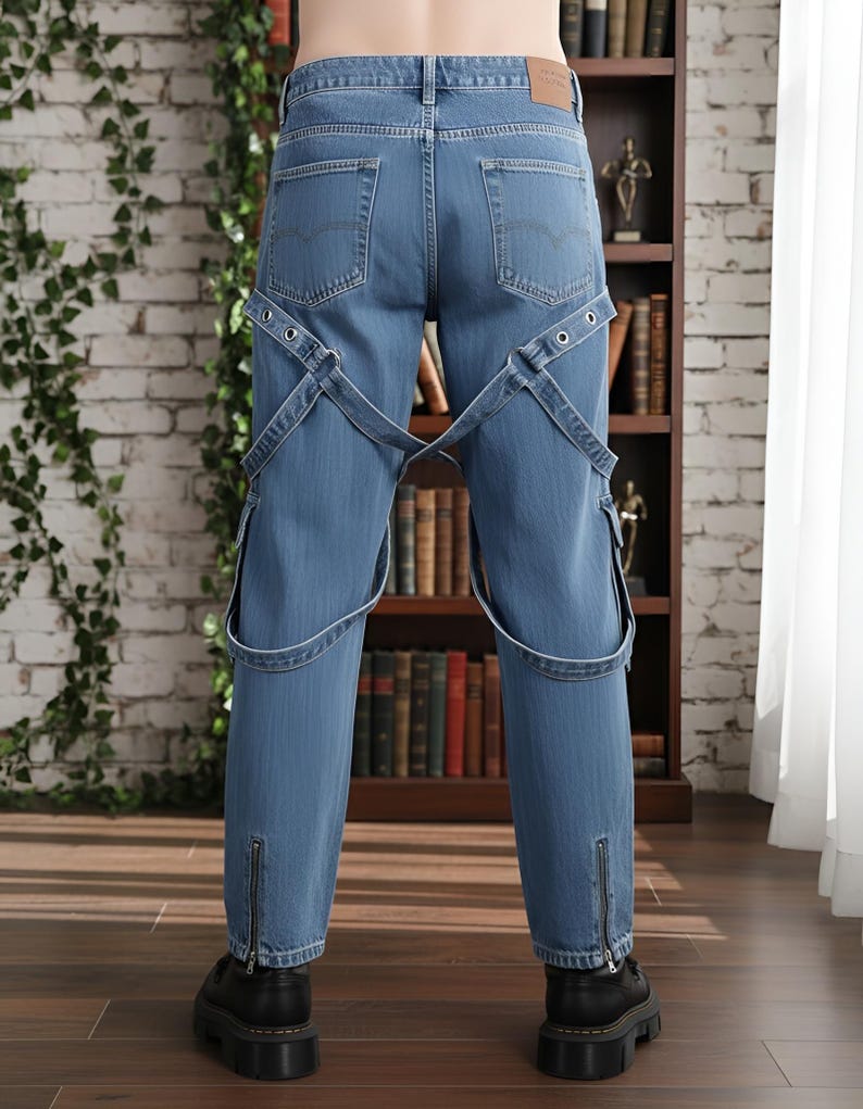 Gothic Harness Strap Denim Jeans, Back view of denim pants with adjustable straps and buckle design, gothic techwear style jeans with slim fit