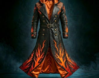 Genuine Leather Black Orange Flame Gothic Trench Coat, Gothic Long Coat, Mens Leather Coat, Fire Print Coat, Halloween Costume, Gift for Him