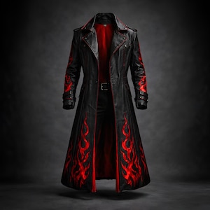 以下が含まれることがあります： 袖と下部に赤い炎のデザインが施された、黒い革のロングコート。 赤い裏地、ベルト、クラシックな襟が付いています。 スタイリッシュなアウターウェアです。