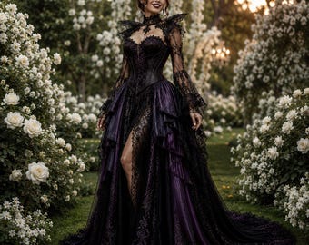 Gotisk brudklänning med spetskorsettklänning, handgjord svartlila balklänning, viktoriansk vampyroutfit; Halloweenbalklänning med hög slits