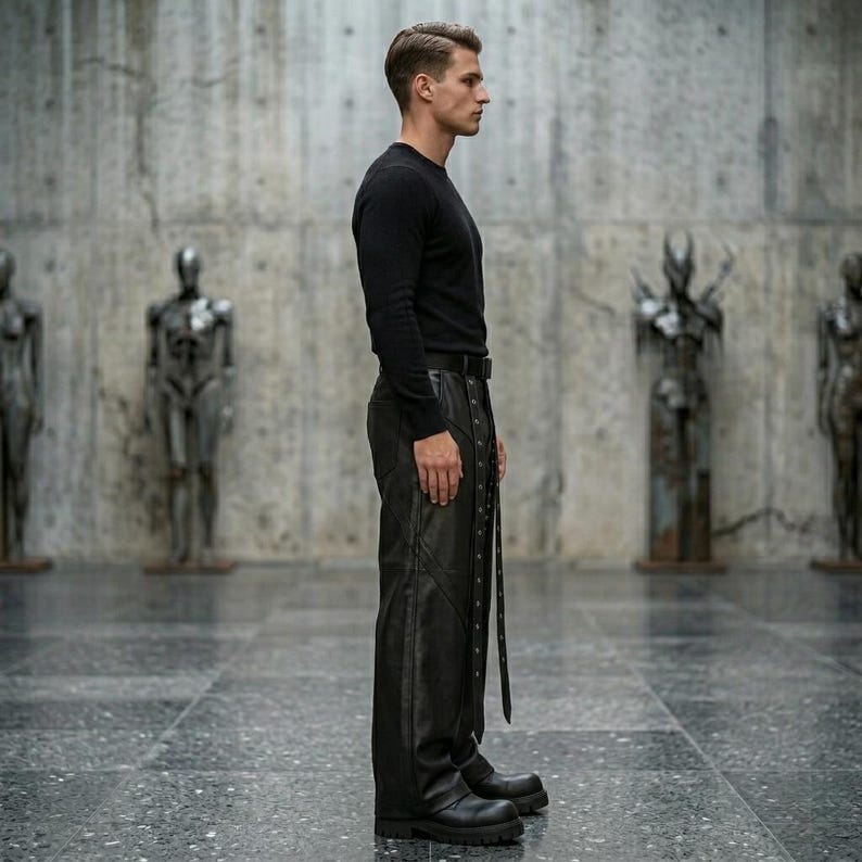 Side profile of baggy black leather pants showing the relaxed fit, premium leather texture, and the flow of the decorative grommet straps from waist to hem.