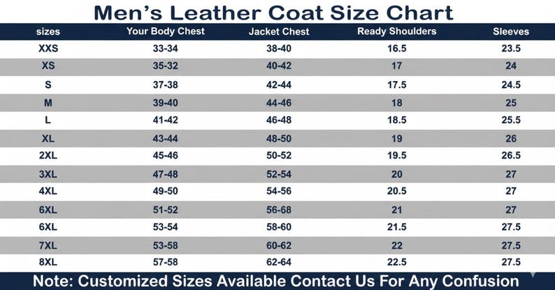 May include: A size chart for men's leather coats, with measurements in inches for chest, jacket, shoulders, and sleeves. Sizes range from XXS to 8XL. The chart includes the text: "Note: Customized Sizes Available Contact Us For Any Confusion."