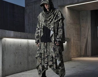 Men’s Tactical Hooded Cloak Set | Camouflage Techwear Military Cape Outfit, Ninja Cyberpunk Streetwear Poncho Hoodie Pants, Camo Rain jacket