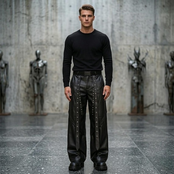 Gothic Leather Pants Men, Black Motorcycle Pant, Cyberpunk Leather Trouser, Steampunk Baggy Pant, Men Leather Pant, Punk Rock Cargo Trousers