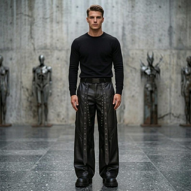 High-quality black leather trousers for men, featuring a baggy fit, gothic hardware details, and long hanging straps with metal silver eyelets.