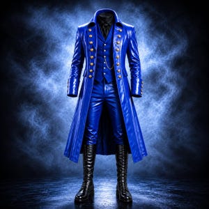 May include: A vibrant blue long coat featuring double-breasted gold buttons, paired with a matching blue waistcoat, blue trousers, and a black shirt. A thin gold chain hangs from the waistcoat pocket, and the outfit is completed with black lace-up boots.