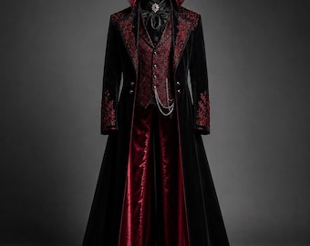 Luxury Victorian Vampire Tailcoat Mens Gothic Wedding Suit, Black Velvet Embroidered Gothic Coat, Aristocrat Steampunk Formal Outfit