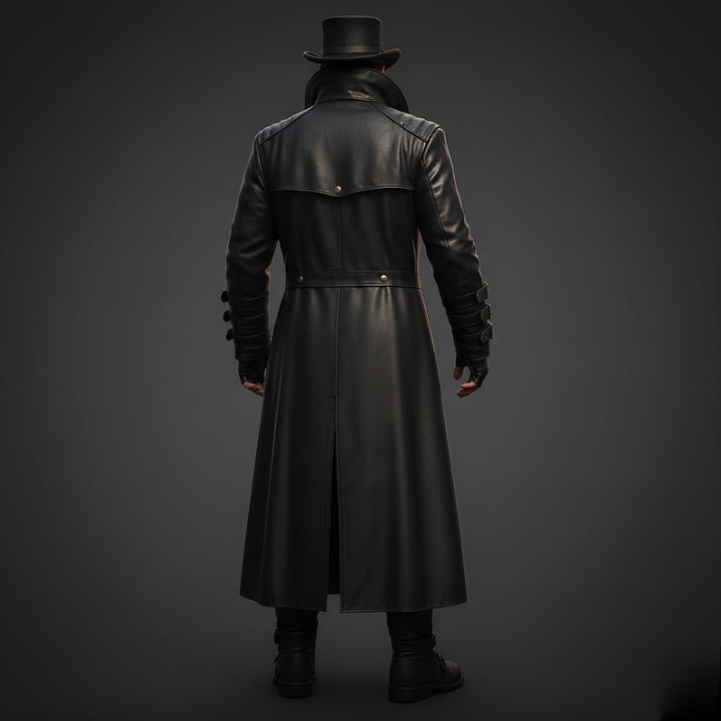 Men’s black leather trench coat with gothic steampunk design, long Victorian military style coat for men, back view