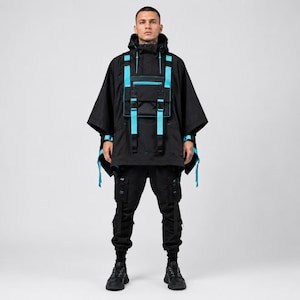 Cyberpunk Techwear Poncho Cloak, Anime Back Print Hooded Cape, Black Cyan Tactical Utility Poncho, Futuristic Streetwear, Unisex Techwear