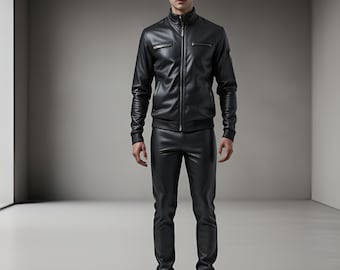 Handmade Black Genuine Leather Tracksuit, Biker Style Jacket & Pant