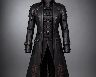 Cappotto trench gotico in pelle da uomo Crimson Warden, spolverino da vampiro steampunk con finiture rosse e giacca per costume da fiera rinascimentale.