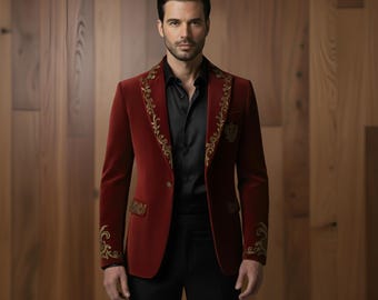 Roter Samt-Blazer-Mantel für Männer, luxuriöser roter Samt-Smoking, bestickter Herren-Abschlussball-Mantel, Hochzeits- & Party-Jacke
