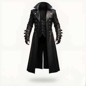 Men’s black leather trench coat with gothic steampunk design, long Victorian military style coat for men, front view